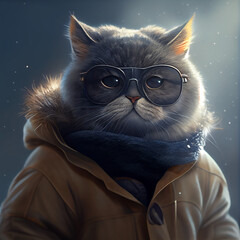 chic cat charisma wearing coat, wearing sunglasses, funny, fashion, pic as wallpaper, poster, t shirt and others