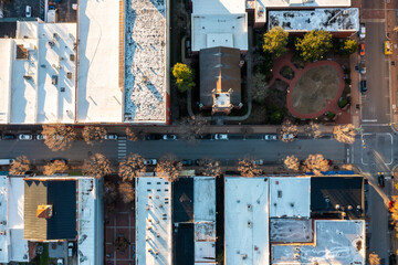 Aerial View Top Down of Buildings in New Bern North Carolina at Sunset in the Downtown Area