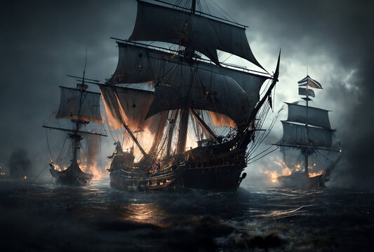 cannon blasts from an 18th century man-of-war frigate ship, generative ai