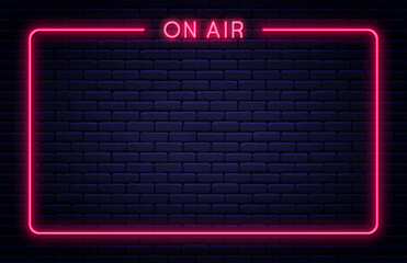 On air neon signboard. On air neon light sign with glowing letters and frame. Bright banner and poster template for live interview, broadcast and podcast. Vector