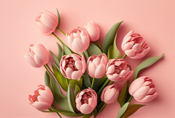 Pink tulips top view, spring holiday background. Generative AI