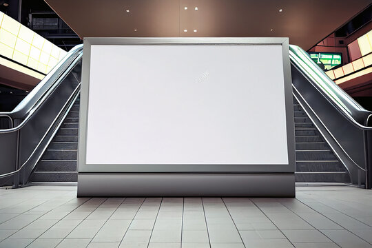 ilustration, White billboard mockup near to escalator in an shopping center, Generative AI