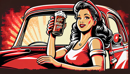 Portrait von sexy Pin-up Girl mit einem Oldtimer im bunten Pop-Art Retro-Comic-Stil - Generative Ai