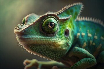 Fototapeta premium Green chameleon beautiful fauna zoo character, forest camouflage animal art Generative AI