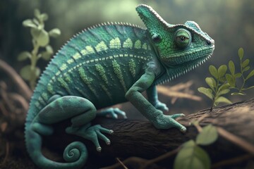 Obraz premium Green chameleon beautiful fauna zoo character, forest camouflage animal art Generative AI