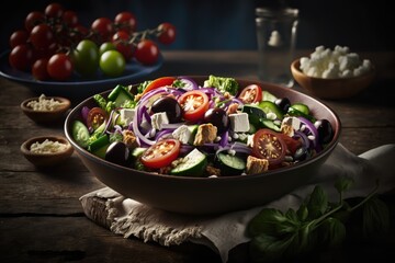 Fototapeta na wymiar A Greek salad with cucumber, tomato, red onion, olives and feta cheese