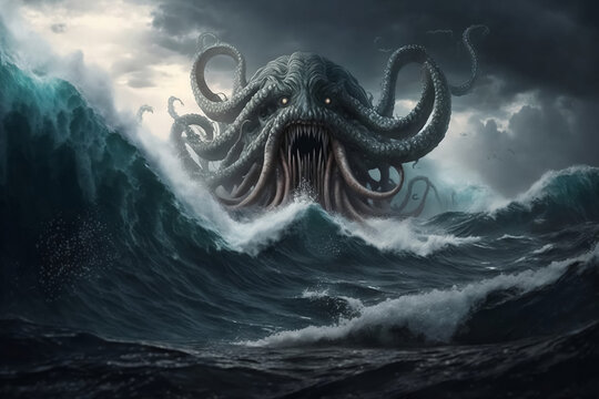 An illustration of "The Call of Cthulhu". The monster rises from the ocean during an epic storm with giant waves. Generative AI digital illustration