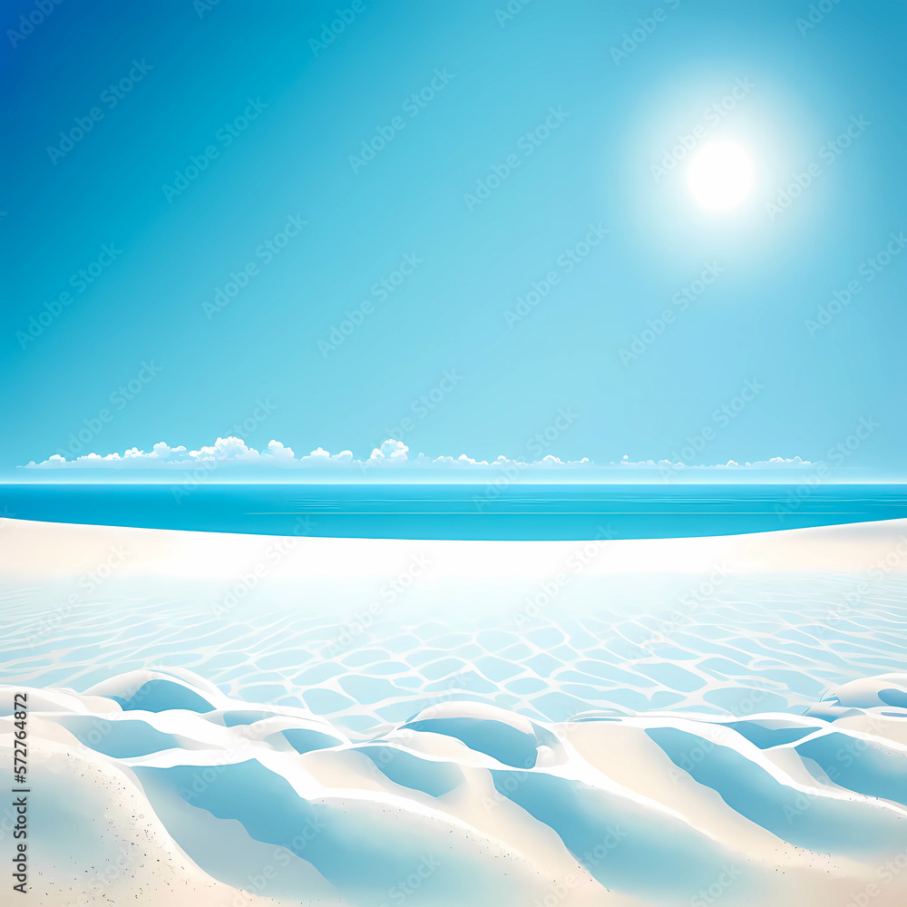 Wall mural illustration of a bright light beach with white sand and vivid blue sea, created with generative ai