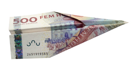 Money plane. Cash Swedish krona banknote folded into airplane isolated on white background. Express money transfer or bank payment. Travel cost in Sweden.