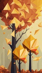 Geometric yellow autumn tree lockscreen for phone, vertical 9:16 fall background, generative ai