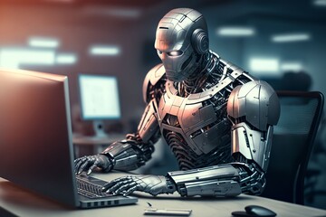 cyborg robot typing on office computer, Generative AI