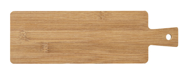 Long serving board cutout. Empty bamboo board with handle for serving food isolated on a white...