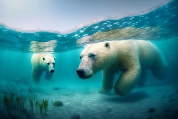 Obraz na płótnie Canvas Polar Bear swims to catch fish, Generative AI