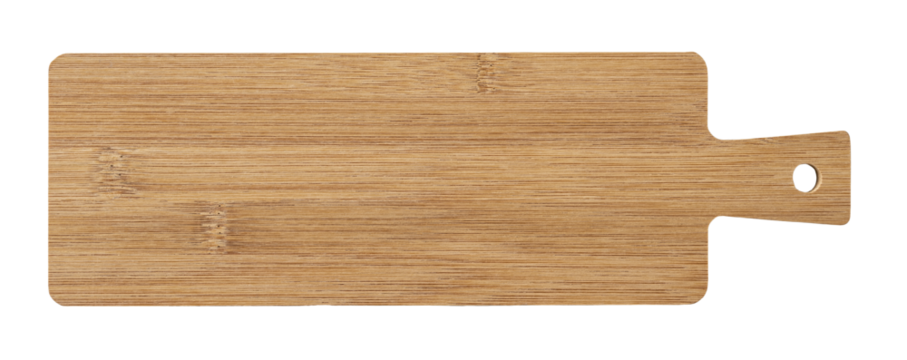 Long serving board cutout. Empty bamboo board with handle for serving food isolated on a white background. Modern kitchen utensil made of wood for food design. Cutting board.