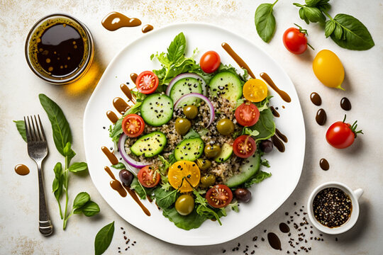A healthy and appetizing salad arranged on a white plate from an overhead perspective, with leafy greens, cherry tomatoes, cucumbers, carrots, quinoa, and balsamic vinaigrette, generative ai