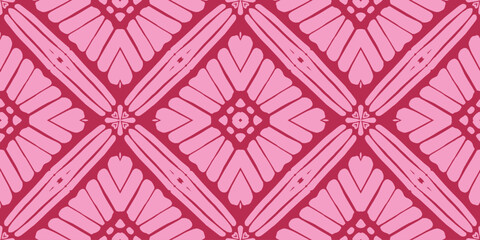 Kaleidoscope Abstract Pattern. Swimwear Design. Ceramic Floral Tile. Vector Seamless Wallpaper. Magenta Bohemian Ethnic Print. Pink Artistic Optical Repeat. Decorative Ethnic Boho Print.