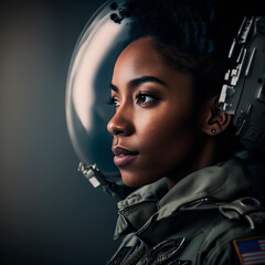 Portrait, young black woman is a fighter pilot, looking to the side. ai Generative.