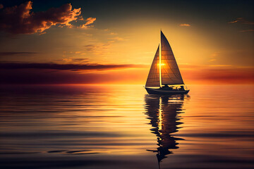 A captivating image of a sailboat through the still waters of a tranquil sea, with the sun setting in the distance. Sailing into the Sunset Generative AI