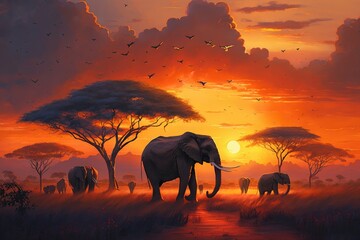 Naklejka na ściany i meble Majestic savannah with a herd of elephants grazing in the distance and a fiery sunset sky in the background. Generative AI