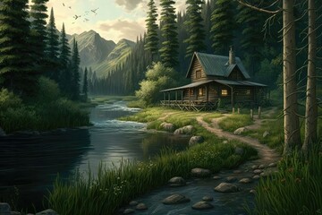 Serene countryside scene. Peaceful stream winding through a verdant forest and a charming wooden cabin perched on the edge of the water. Generative AI