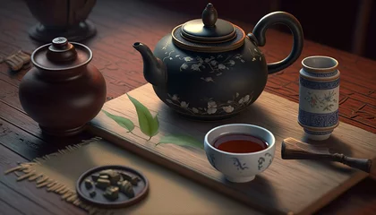 Foto op Aluminium A beautiful porcelain teapot is being used to brew black tea © Emojibb.Family