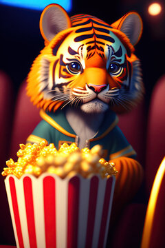 Tiger with popcorn in the cinema