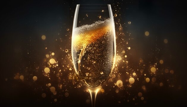 A glass of sparkling champagne with a shimmering golden glow