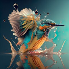 Colourful bird bathing in water, AI generated
