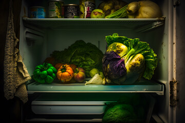 Spoiled vegetables cabbage, greens, tomatoes, cucumbers with an expired shelf life. Refrigerator off and open. Generative AI - obrazy, fototapety, plakaty
