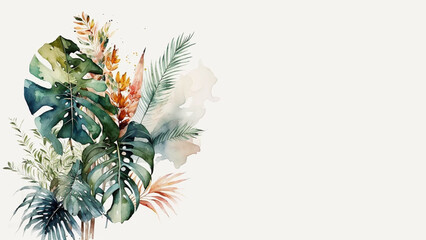 Fototapeta na wymiar Tropical Plants, Palm fronds and Monstera, Paradise Flowers, Jungle Houseplants, Watercolor Style Plant Art [AI Generative]
