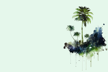 Palm Trees with Copy Space, Light Pale Mint Green Background, Palms and Tropical Rainforest Jungle Plants, Watercolor Painting Style [Generative AI]