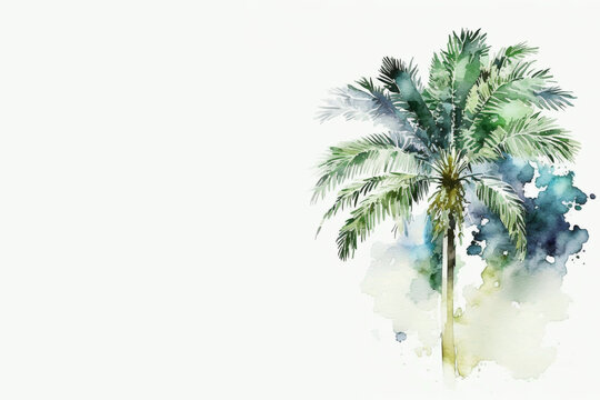 Palm Tree on Light Background with Copy Space, Casual Coastal Tropical Beach, Loose Splashy Watercolor Style [AI Generative]