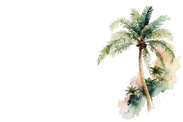 Palm Tree, Tropical Paradise, Beach, Equator, Coastal Tropics, Vacation, White Background Copy Space, Watercolor Style [Generative AI]