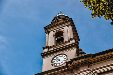 Montevideo, Uruguay - December 22, 2022: Buildings on the outskirts of Zabala Square in the old town of Montevideo, capital of Uruguay
