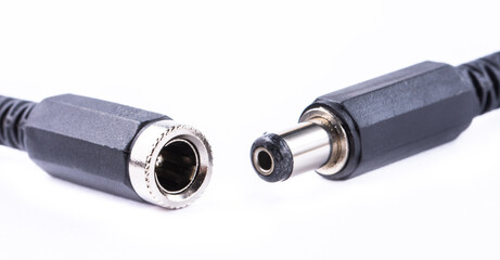 Close-up of of the female and male power connector isolated on white background.
