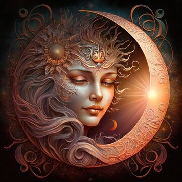 Astrological moon and sun created with generative AI technology.