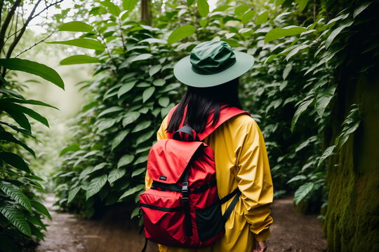 A woman traveler in a green panama, a yellow raincoat and a red backpack walks along the paths in the tropical jungle. Generative AI