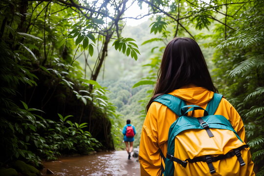 Women travelers in orange and blue raincoats with backpacks walking on tropical jungle trails. Generative AI