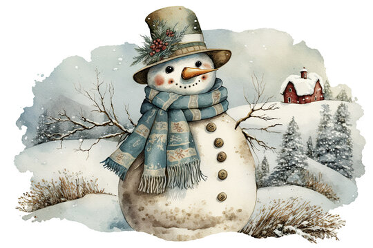 Snowman with hat and scarf carrot nose barn landscape watercolor, Generative AI