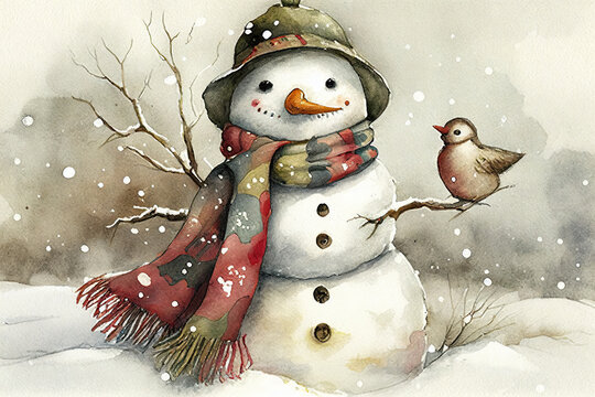 Snowman with hat and scarf carrot nose bird watercolor, Generative AI