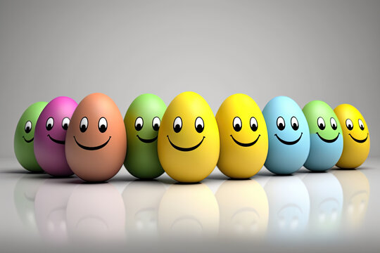Eggs standing upright with a smile standing out from the crowd Generative AI