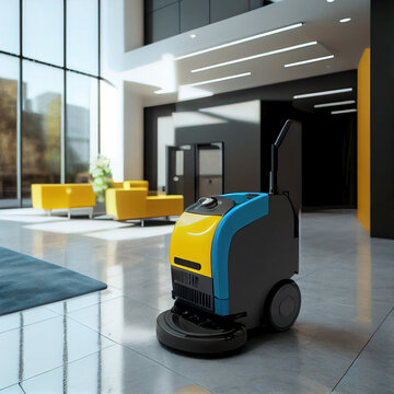 Cleaning machine in empty office lobby. Generative Ai