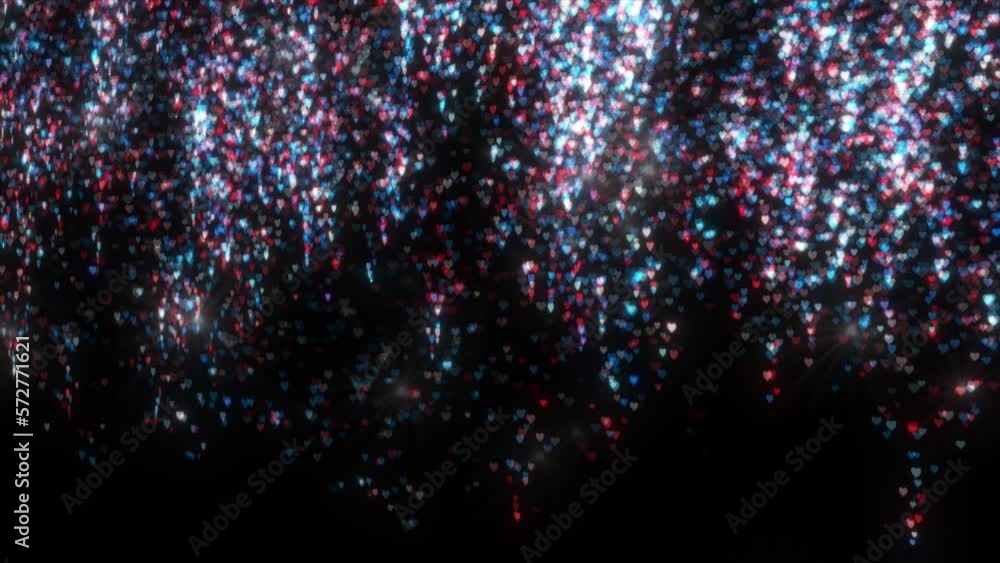 Poster particle heart falling on black background. romantic particle heart falling background. heart fallin