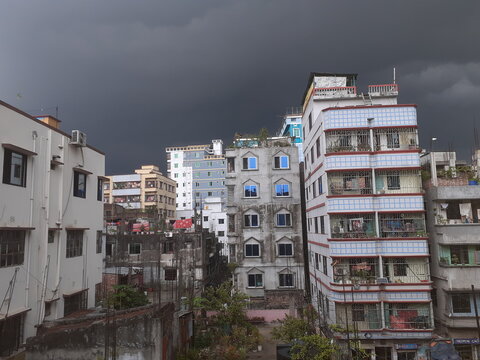 The dark sky before the rain, the city landscape stock raw image