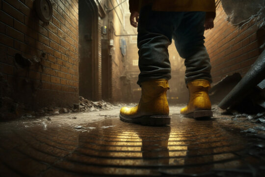 new york city sewer with brick walls, low ceiling, man walking in yellow boots