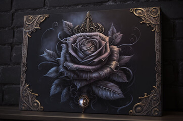 Detailed acrylic painting of a mysterious black rose on a dark canvas