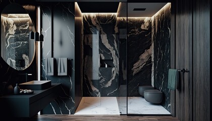 Modern interior, luxury bathroom with shower, wooden wall, marble black