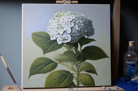 Oil Painting Of A Beautiful Hydrangea On A White Canvas