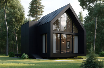 Fototapeta na wymiar A stylish, minimalist house with a sloping roof, a large front window, and a sleek black exterior