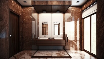 Modern interior, luxury bathroom with shower, wooden wall, marble